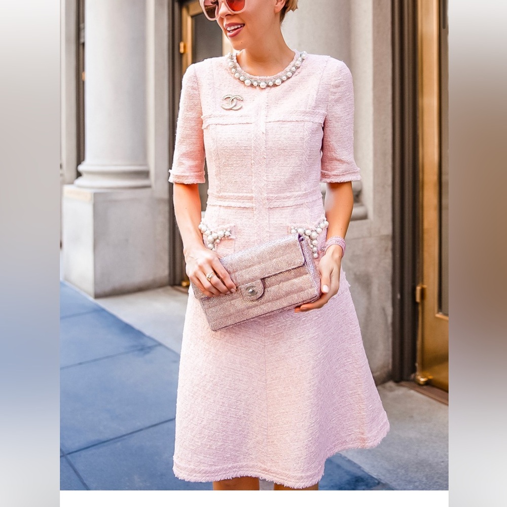 GORGEOUS Pink Tweed Dress Pearl Bead Detail “Vintage-Teri Jon by Ricki Freeman”